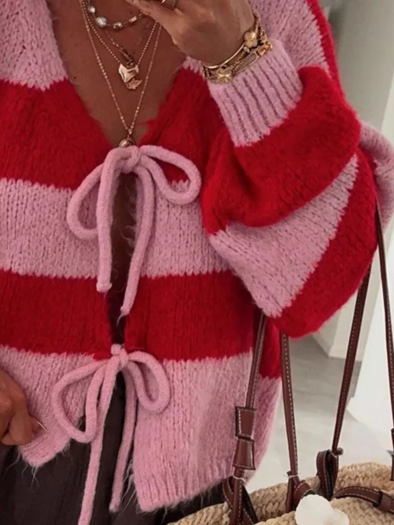 Striped knit cardigan with tie-front and long sleeves in a slightly stretchy fabric
