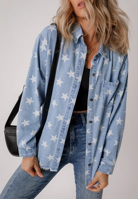 Denim top with raw hem and star collar made from cotton blend fabric in light blue color.