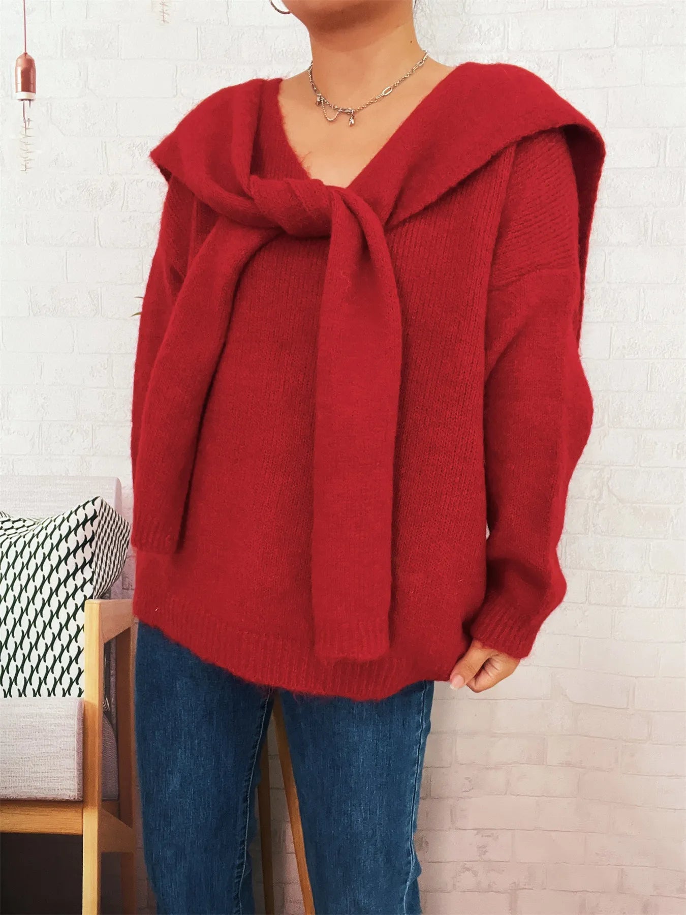 Ribbed hem V-neck sweater with shawl collar in slightly stretchy polyester fabric