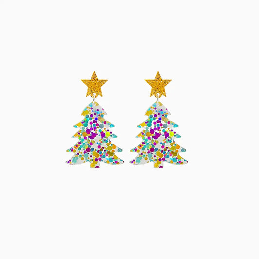 Pair of colorful acrylic Christmas tree dangle earrings with gold star tops.