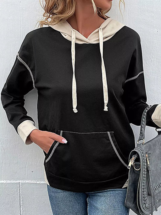 Color block hoodie with drawstring hood and kangaroo pocket in a soft polyester cotton blend.