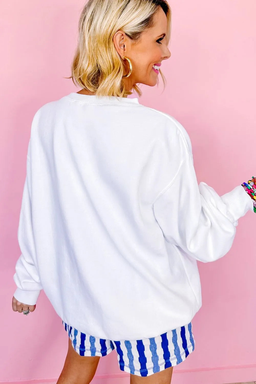 Long sleeve sweatshirt with US flag print, round neck, cotton blend fabric in basic style