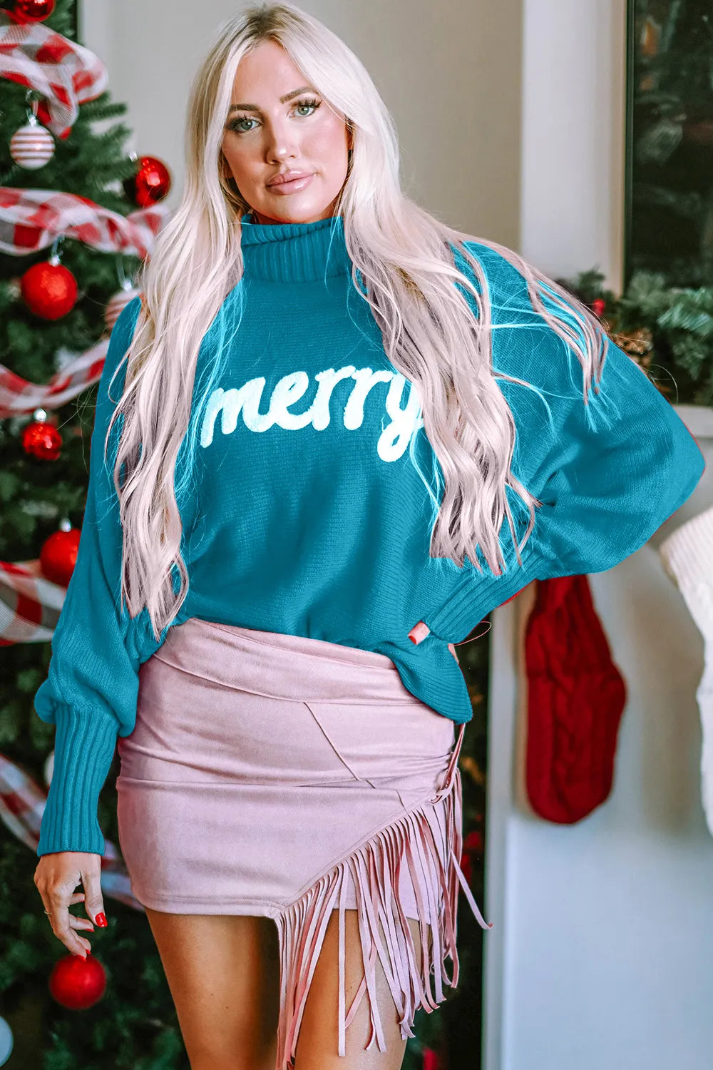 Woman modeling emerald green turtleneck acrylic sweater with ribbed stretch.