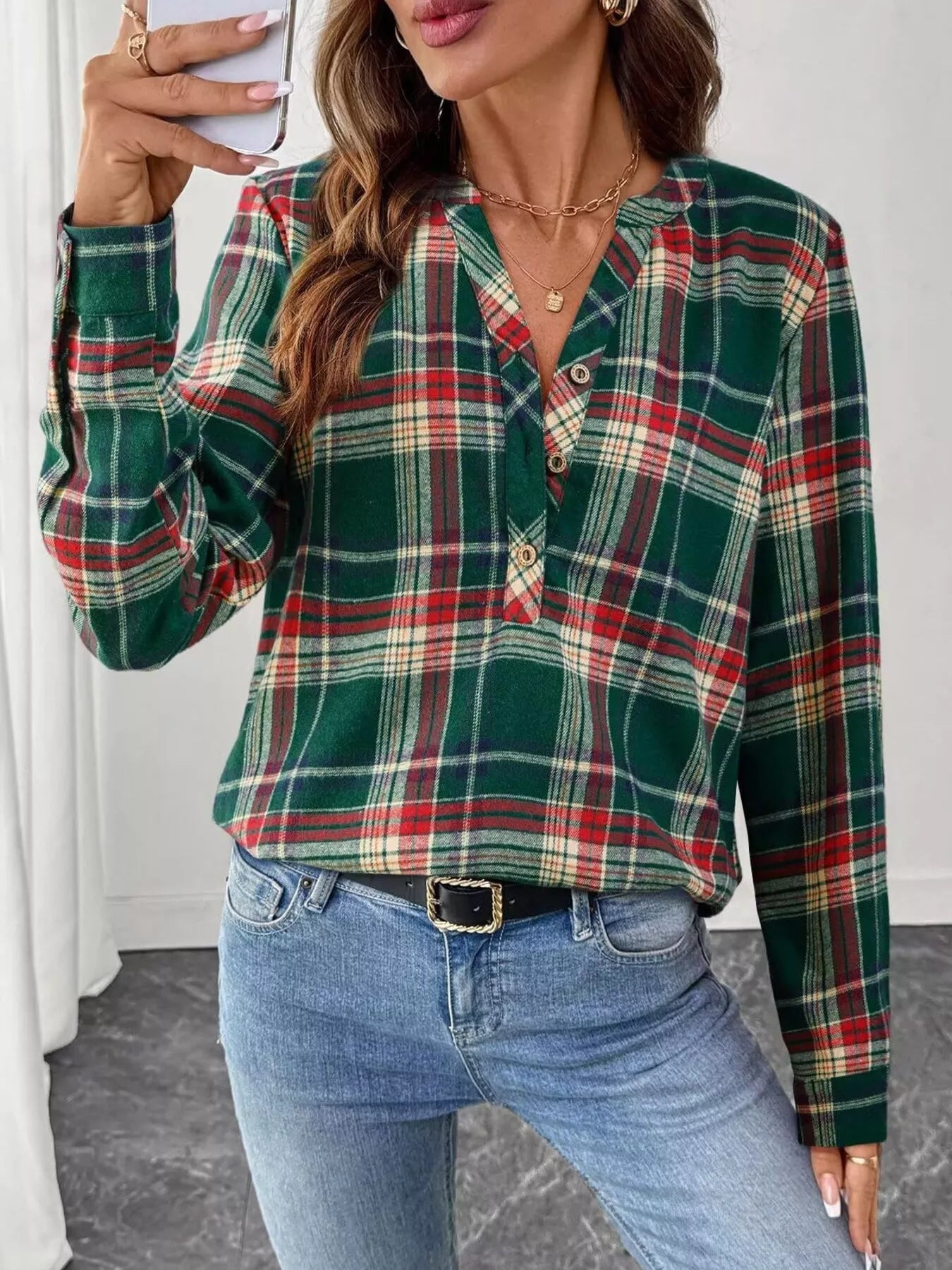 Plaid long sleeve blouse with half button front made of polyester blend fabric