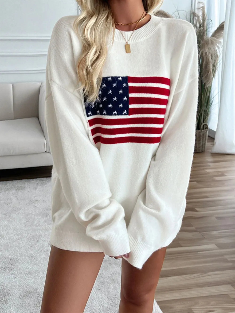Long sleeve round neck knit top with US flag pattern in acrylic blend fabric