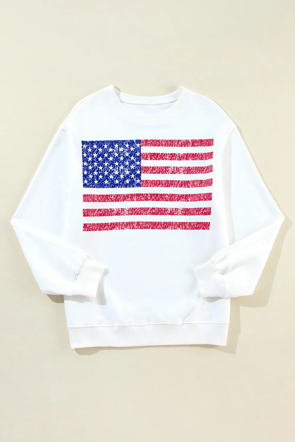 Long sleeve sweatshirt with US flag print, round neck, cotton blend fabric in basic style