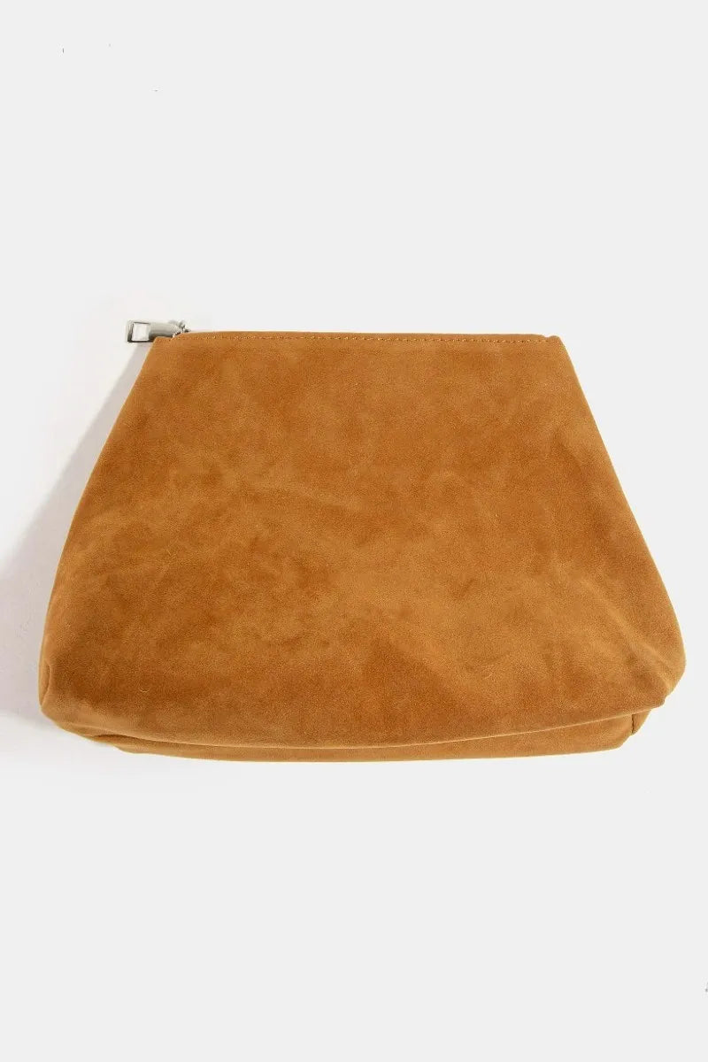 Caramel suede fringe hobo bag with wide shoulder strap and double-layer fringe.
