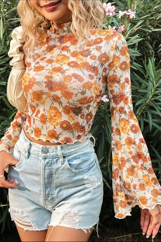 Printed mock neck top with flare sleeves in slightly stretchy polyester fabric