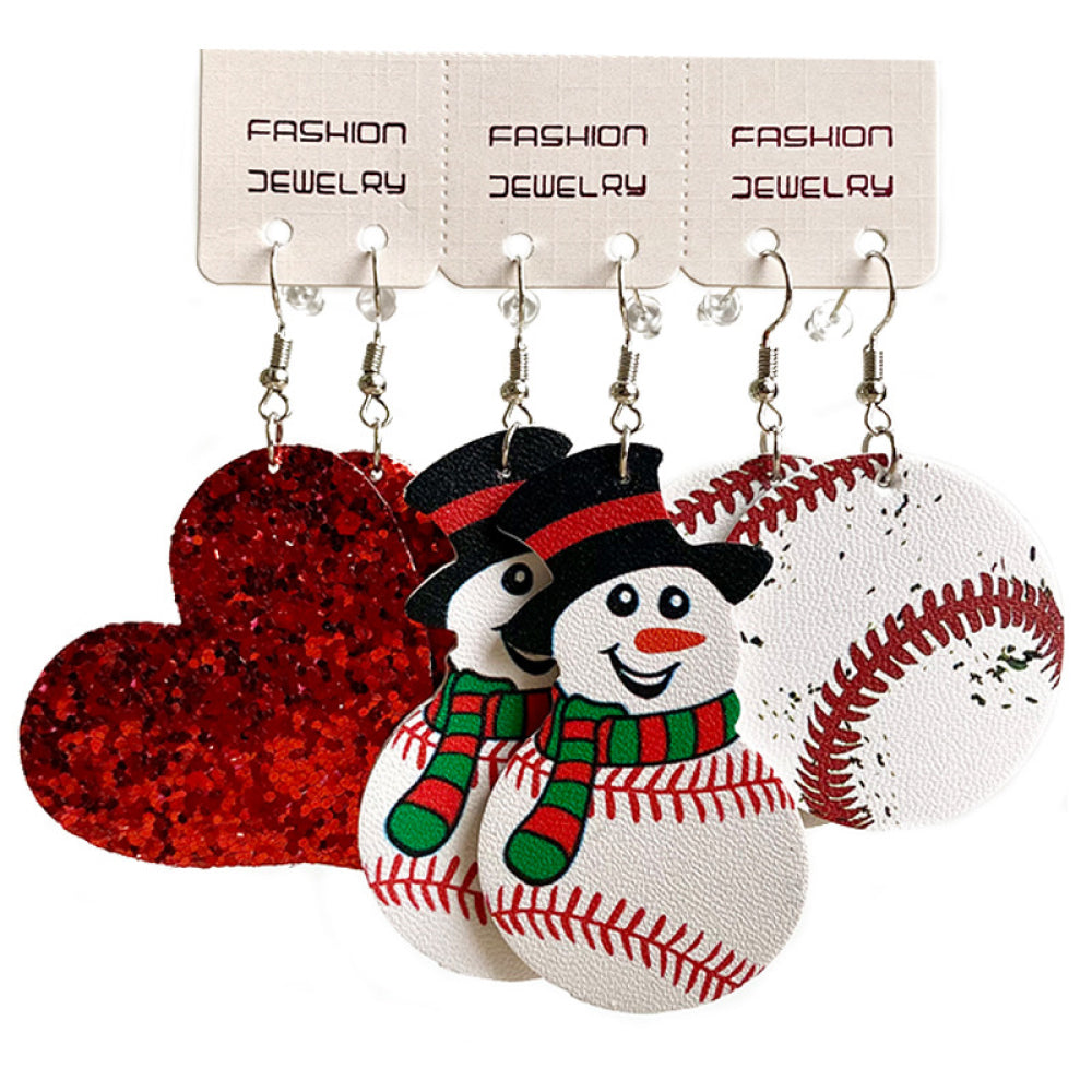 Set of iron charm earrings featuring snowman, baseball, and heart designs.