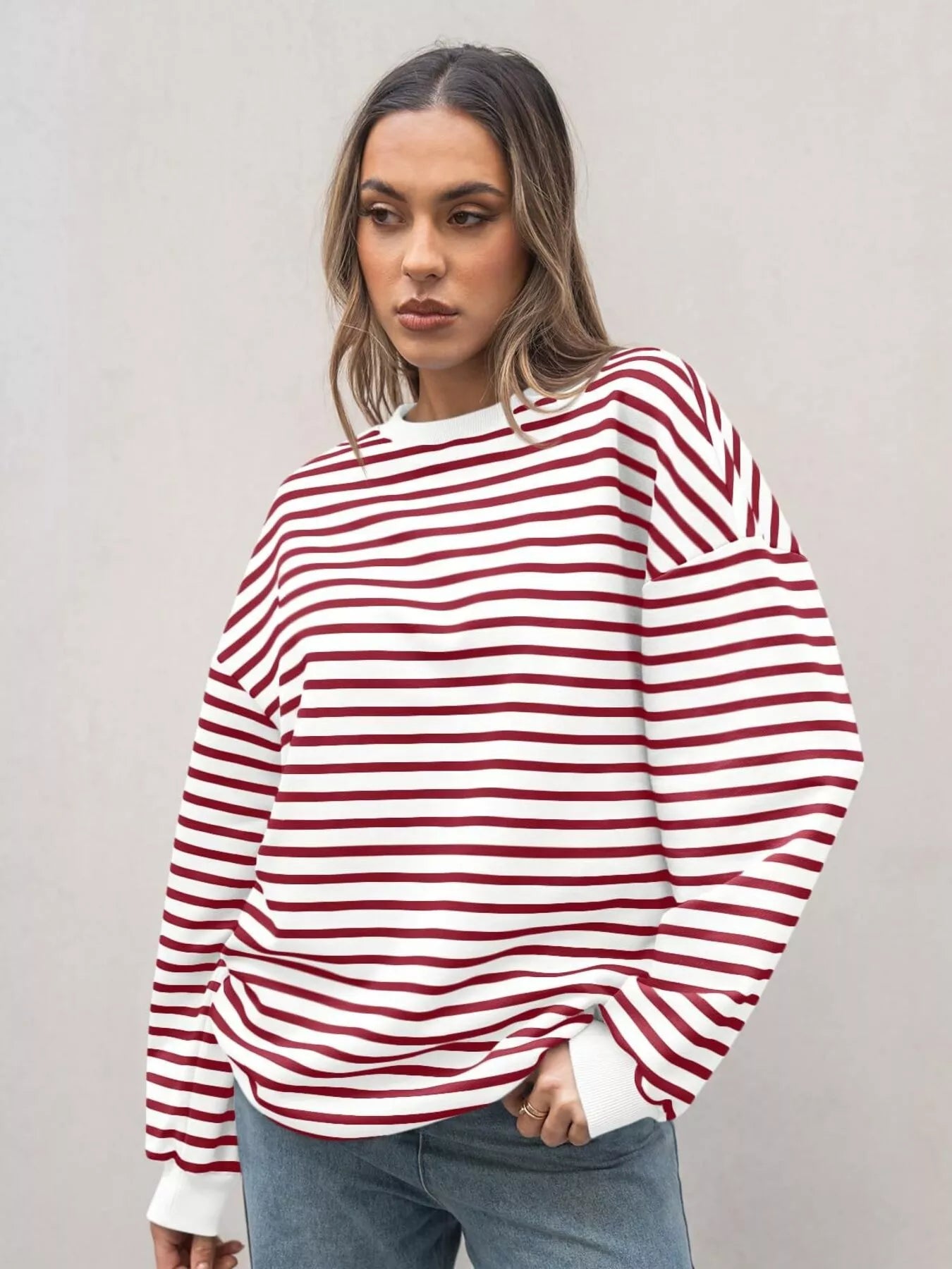Oversized striped sweatshirt in a rayon blend with slightly stretchy fabric.