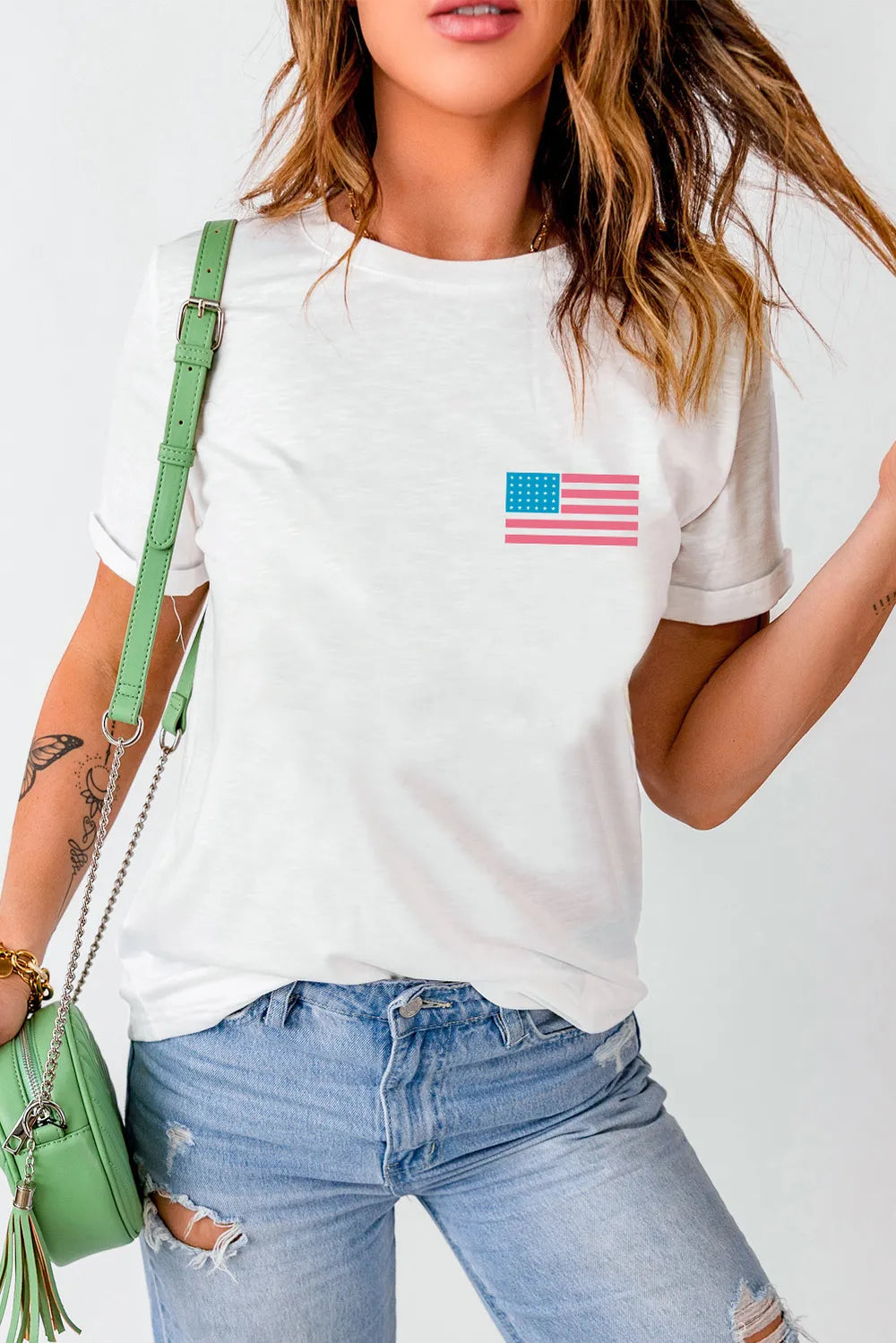 US flag short sleeve t-shirt made of a polyester and cotton blend with slight stretch.