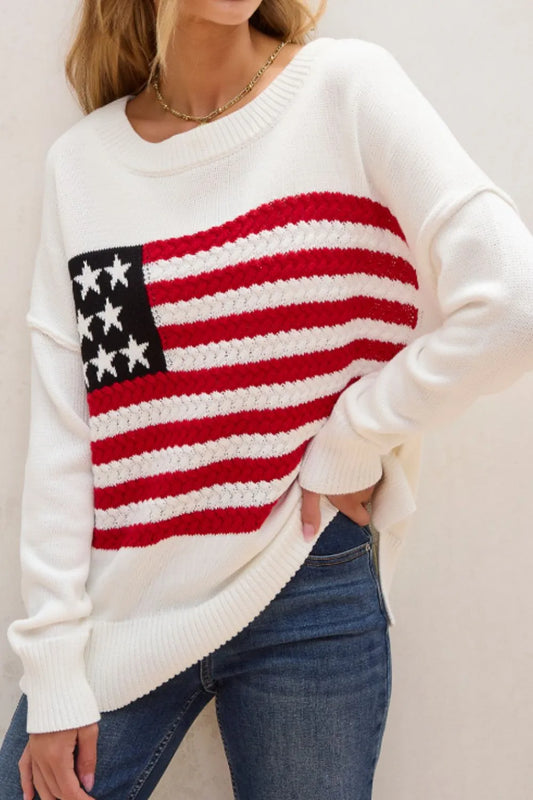 US flag patterned sweater with drop shoulders and side slits in a soft acrylic cotton blend.