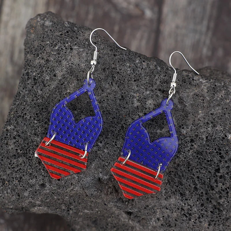 Pair of acrylic earrings with US flag pattern made of alloy, 2.8 inches long