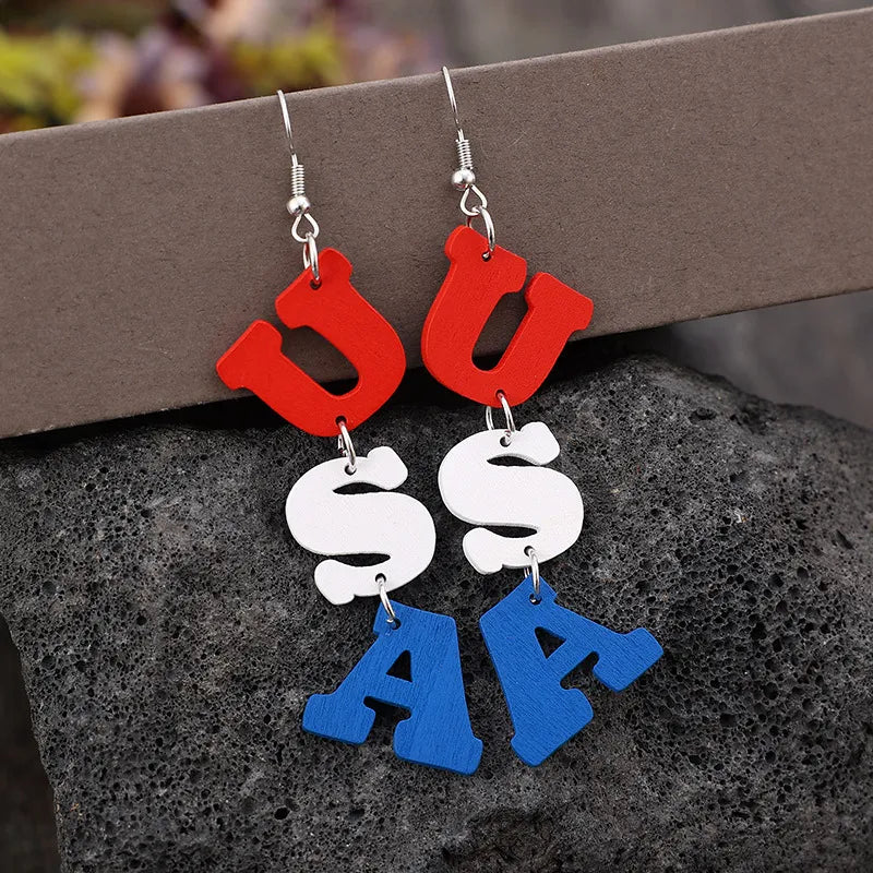 Wooden USA letter Dangle earrings with alloy hooks, length 3.7 inches, lightweight design