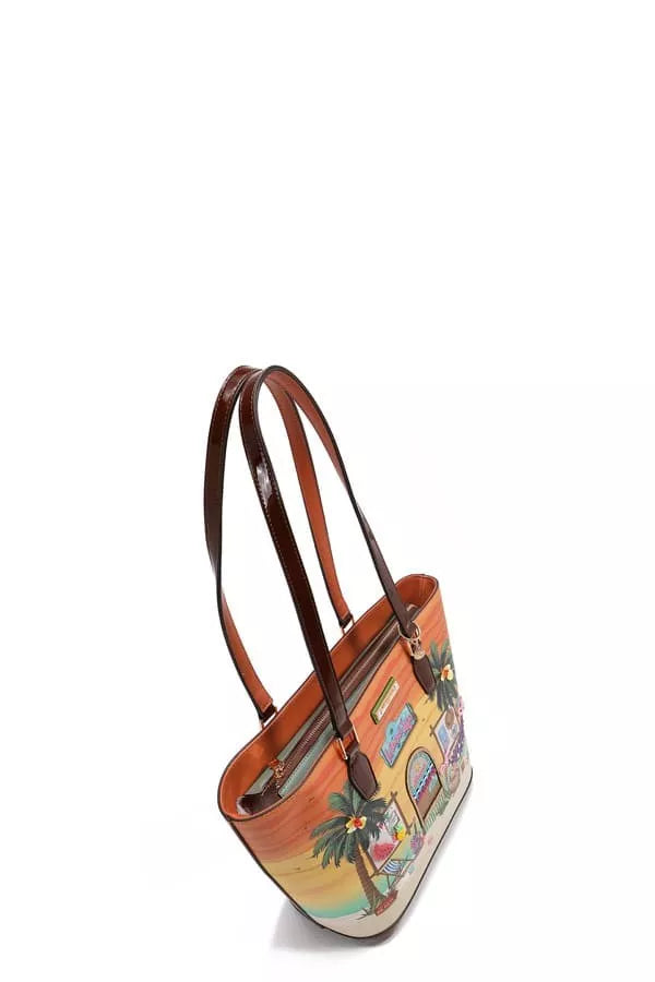 Nicole Lee USA tropical beach house print vegan leather shopper bag with orange hues, palm trees, and arched house motif.