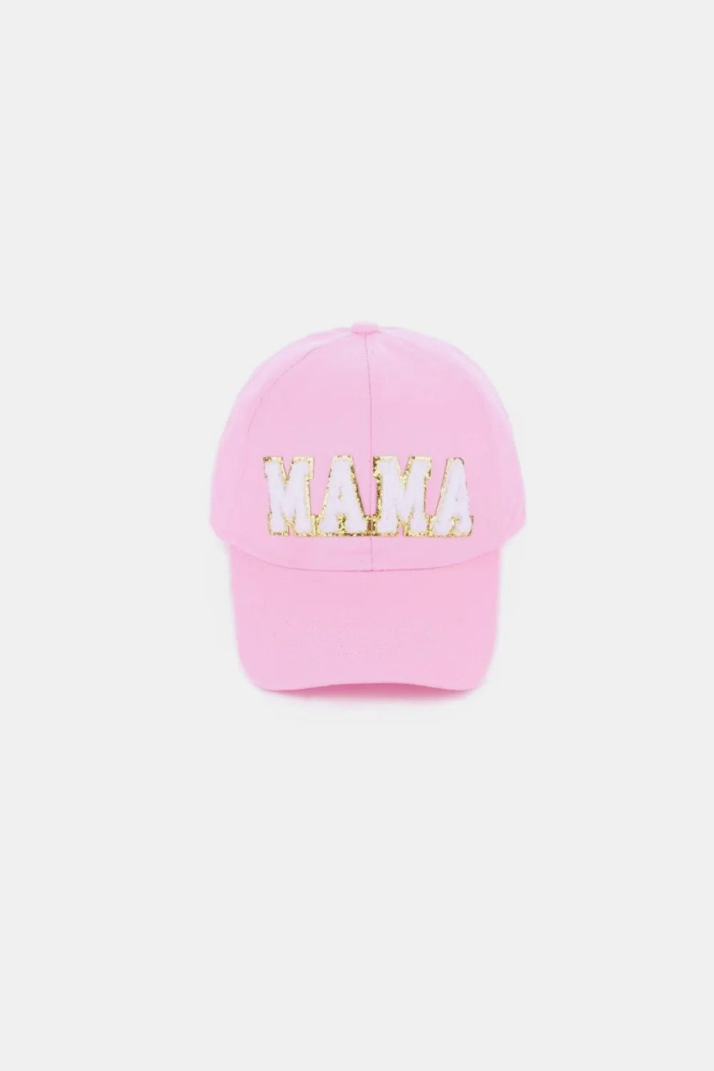 Pink washed cotton baseball cap with white chenille "MAMA" patch.