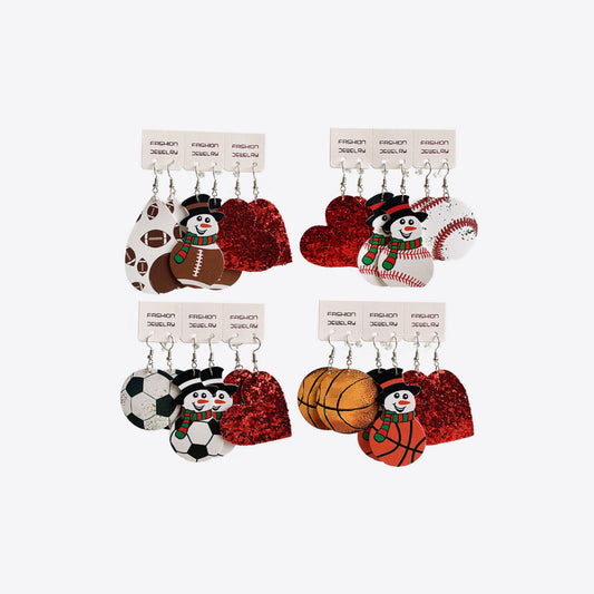 Set of iron snowman earrings with heart and sports ball charms in four designs.