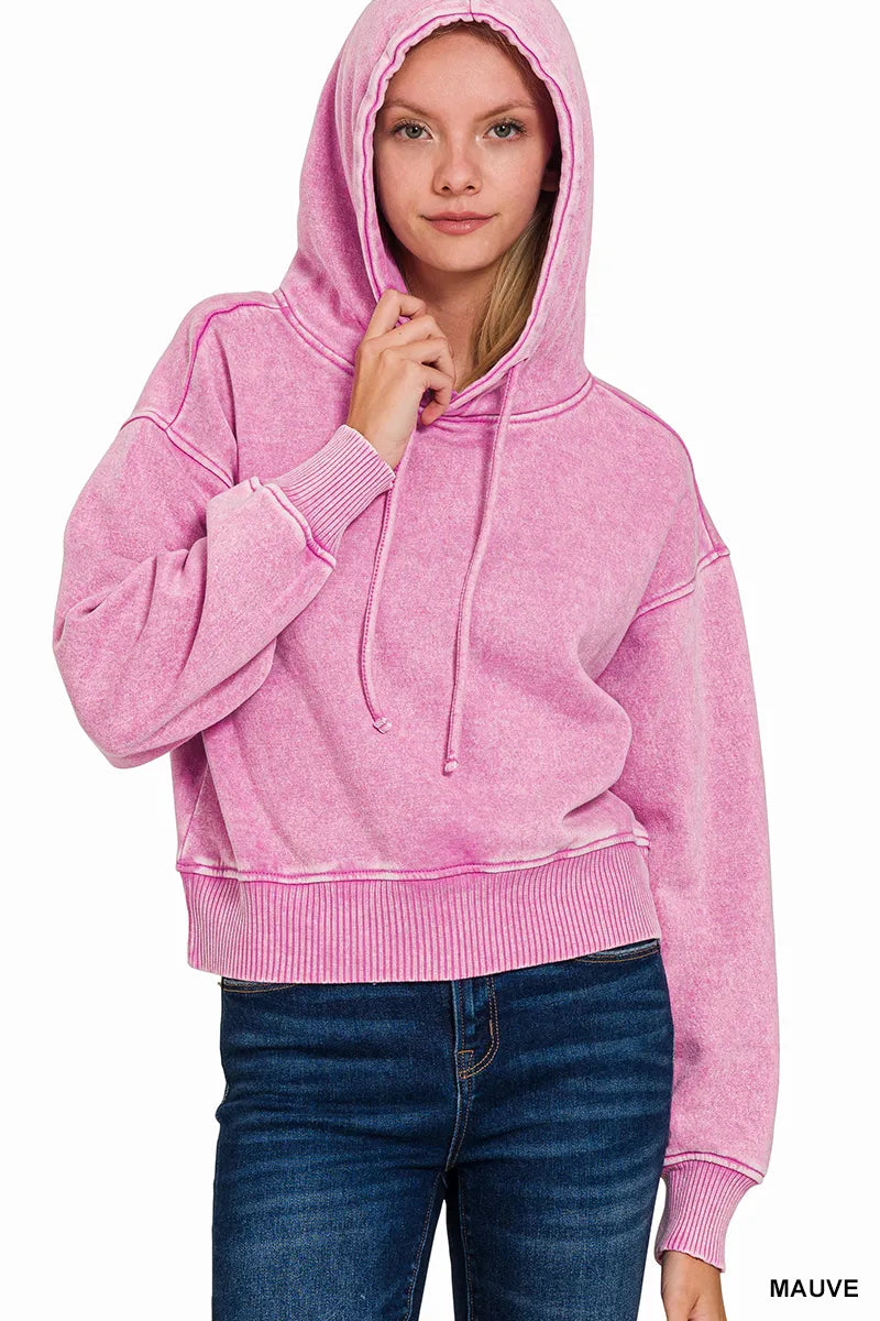Zenana acid wash fleece drawstring cropped hoodie in pink.