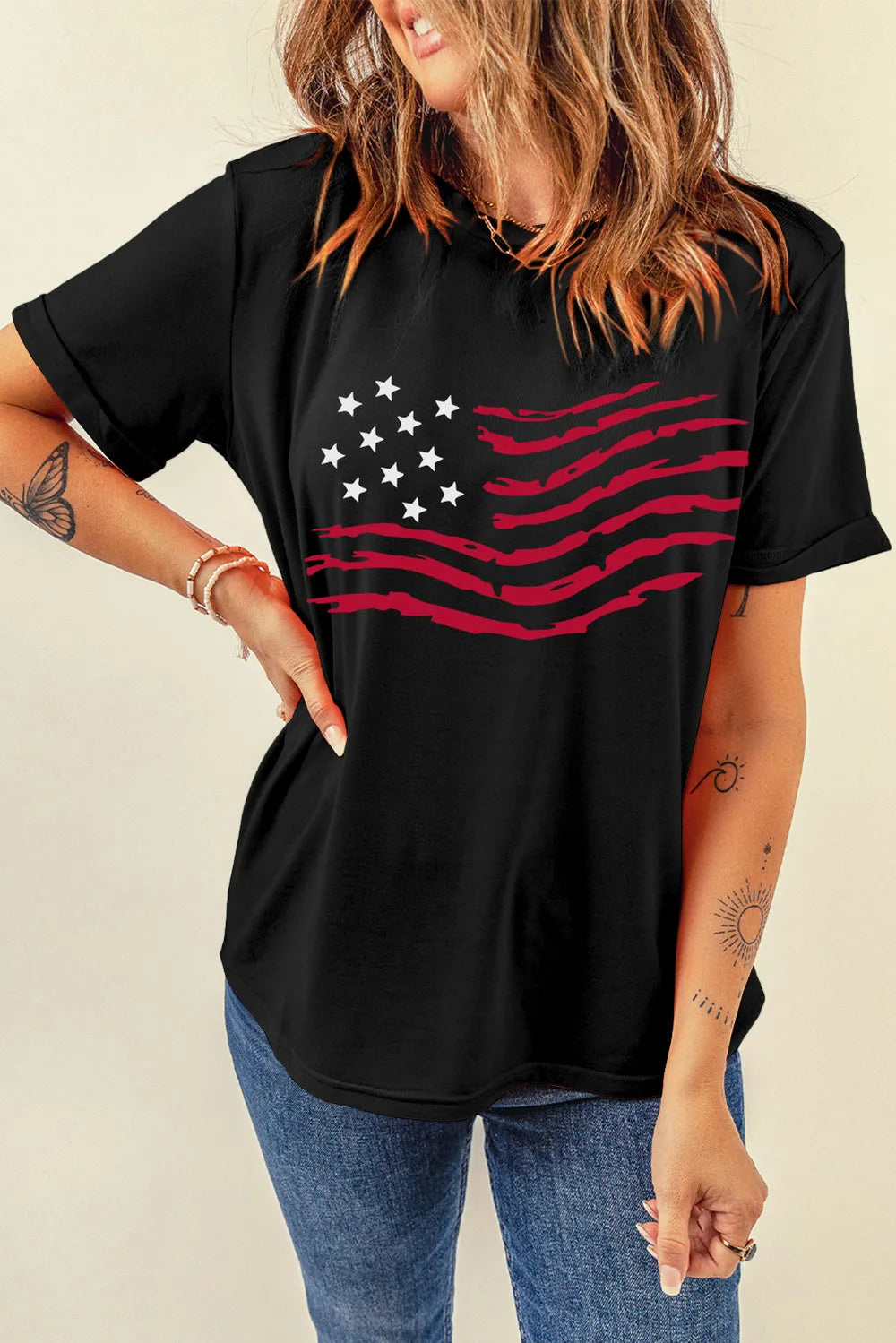 Short sleeve US flag t-shirt with a round neck made from a polyester blend.