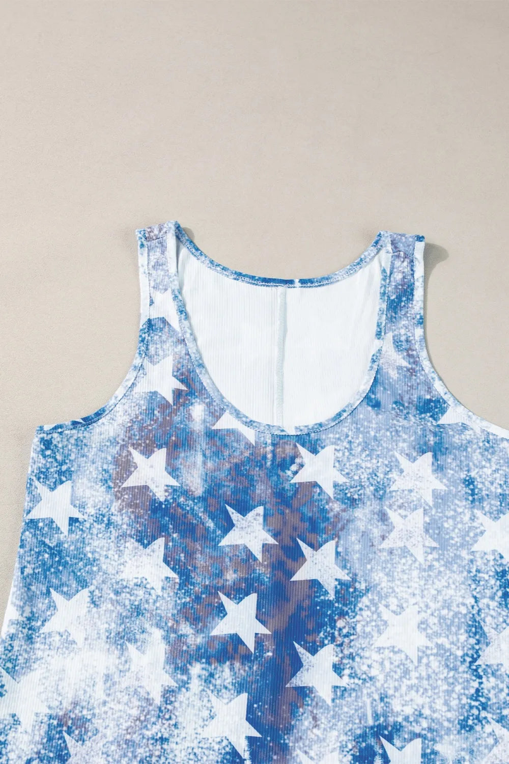 Sleeveless US flag tank top with scoop neck in polyester blend and slight stretch fabric