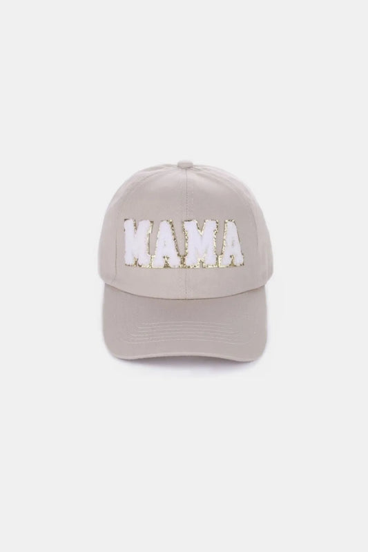 Gray washed cotton baseball cap with white chenille "MAMA" patch.