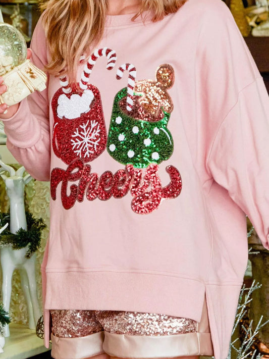 High-low polyester sweatshirt with sequins and long sleeves for Christmas holidays