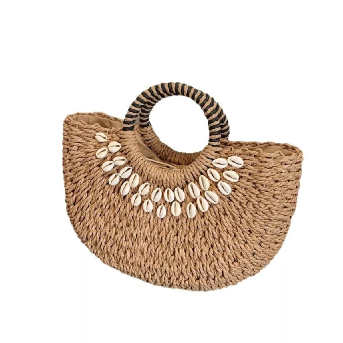 Small woven straw handbag embellished with seashells, measuring 7.9 inches tall and 11.8 inches long.