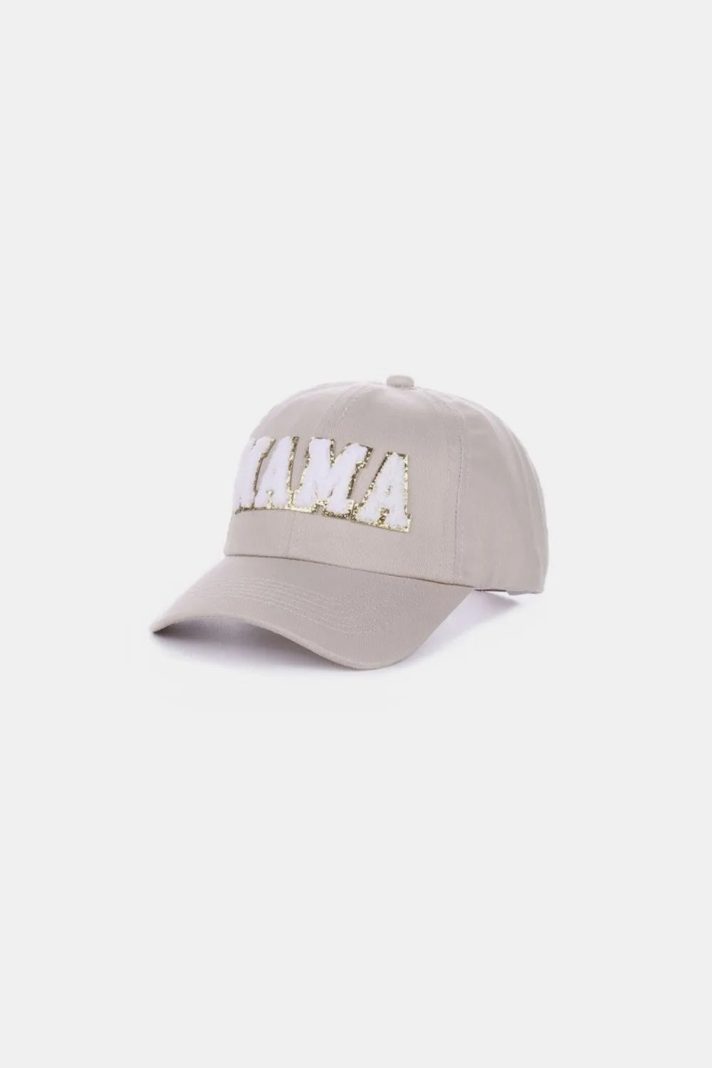 Gray washed cotton baseball cap with white chenille "MAMA" patch on front.