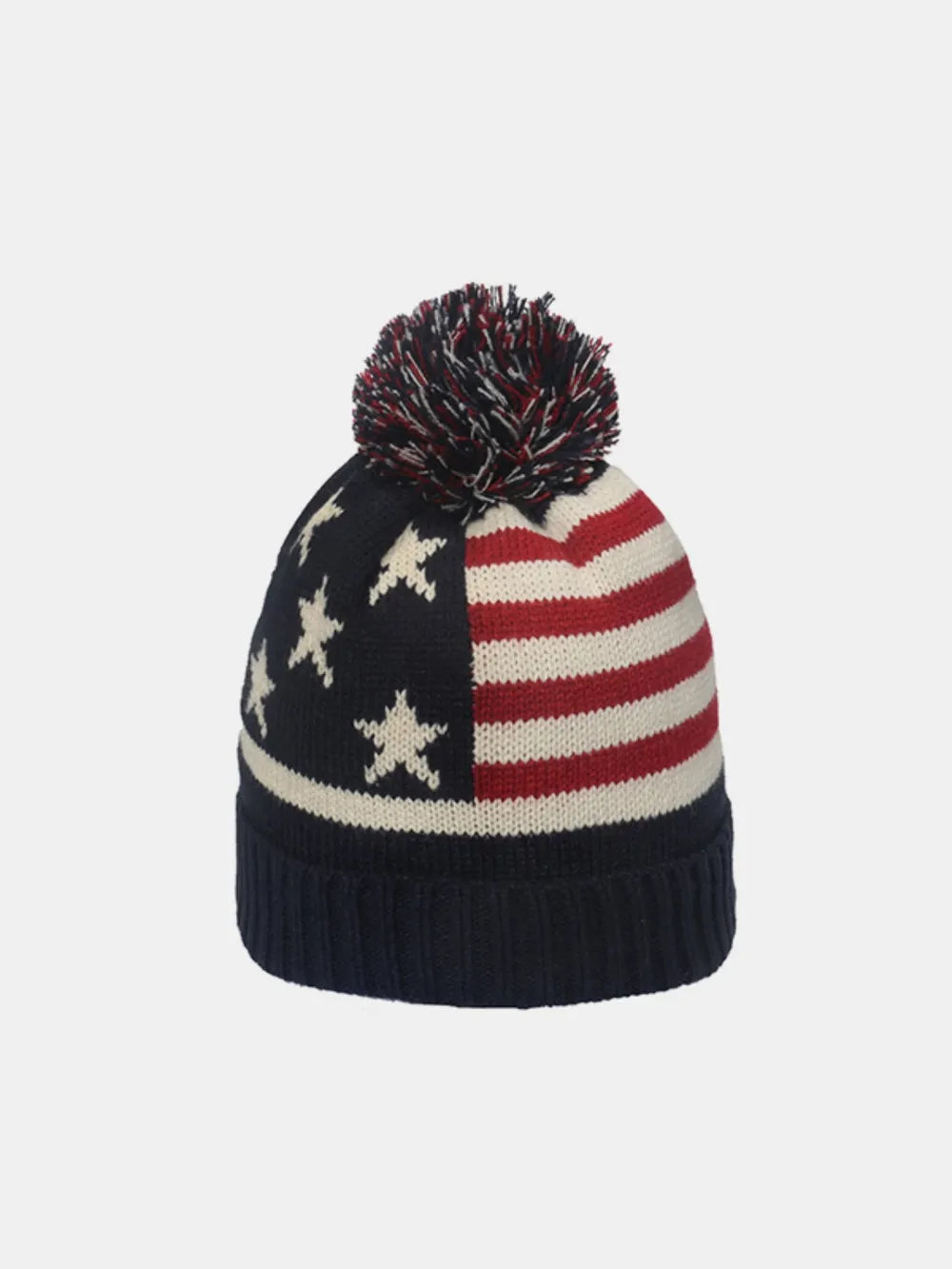 Acrylic blend knit hat with US flag design and roll rim in red, white, and blue colors
