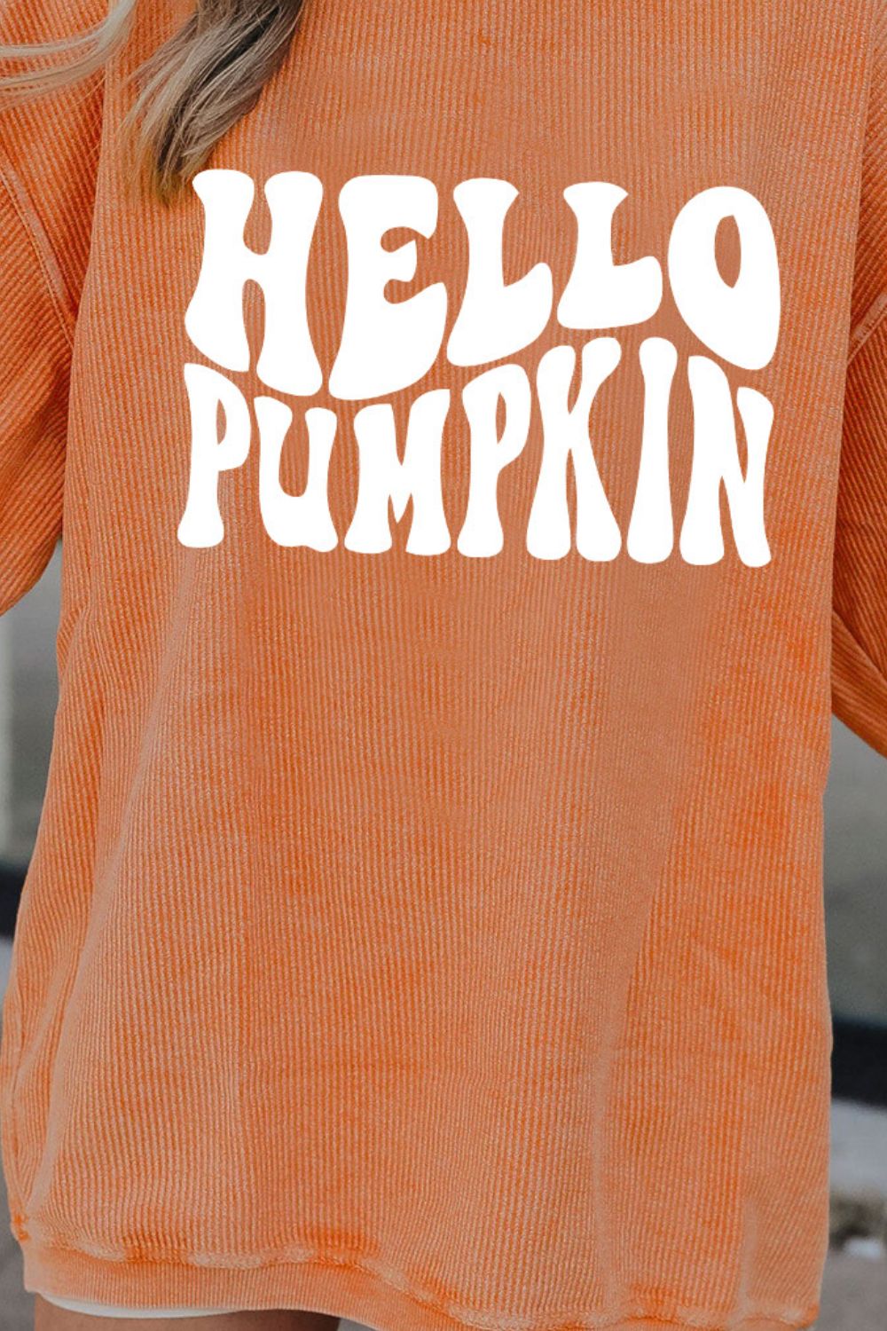 Gray sweatshirt with "Hello Pumpkin" graphic, round neck, and long sleeves.