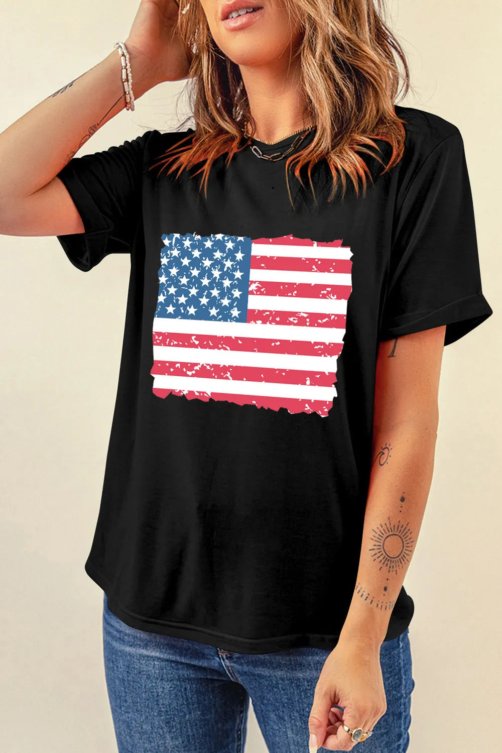 Short sleeve US flag t-shirt in polyester cotton blend with slight stretch and basic style
