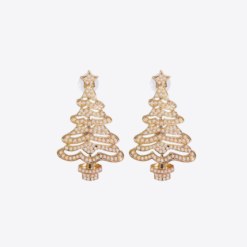Pair of gold-tone alloy Christmas tree earrings adorned with rhinestones.