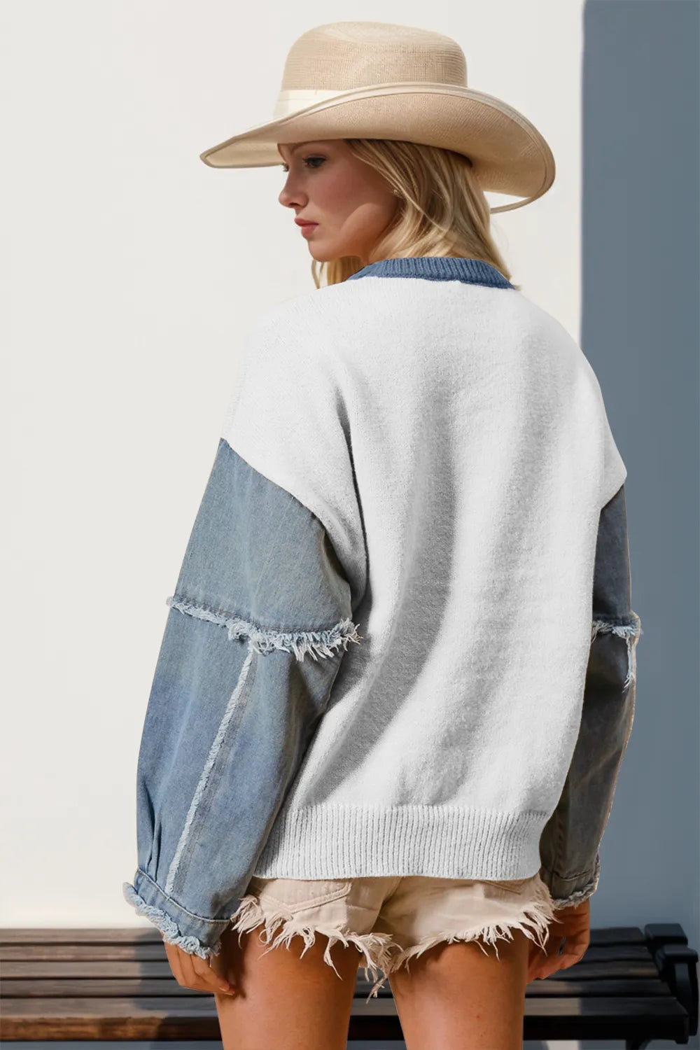 Long sleeve sweater with raw edge star pattern in a cotton blend fabric
