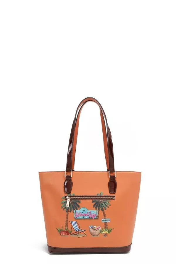 Orange vegan leather shopper bag with tropical beach house print of palms, hammock, and fruits.