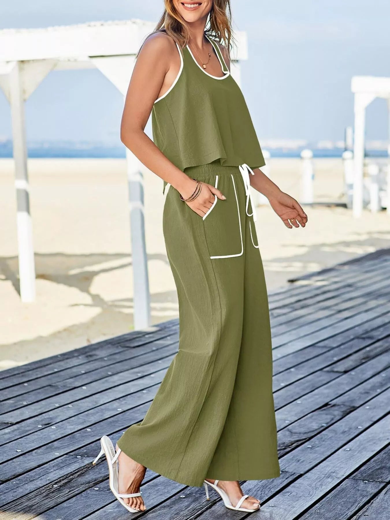 Two-piece polyester spandex tank top and pants set with contrast trim and drawstring waistband