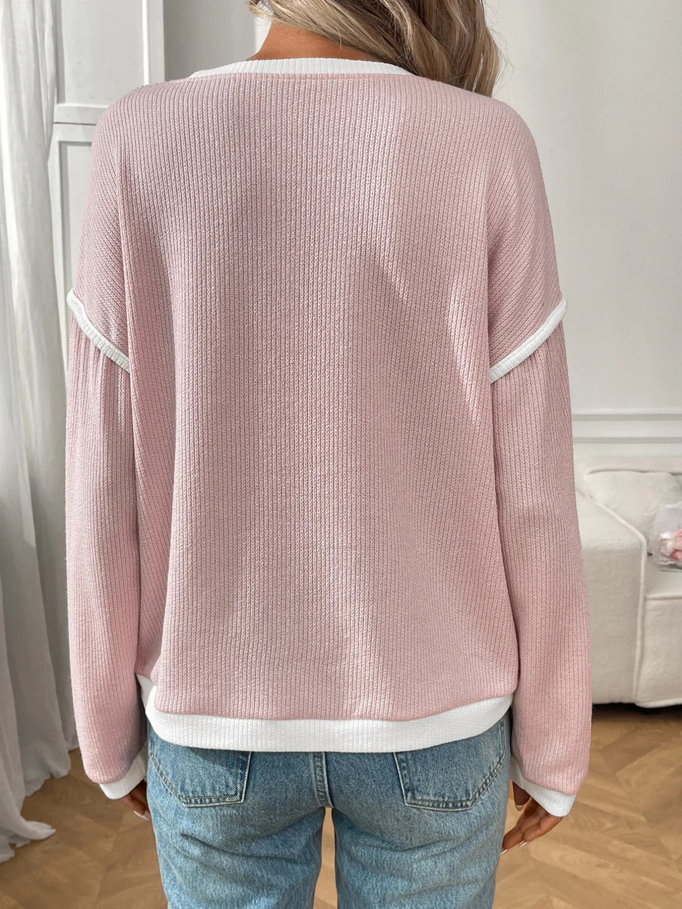 Trendsi ribbed long sleeve top with contrast trim and stretch fabric in neutral color.