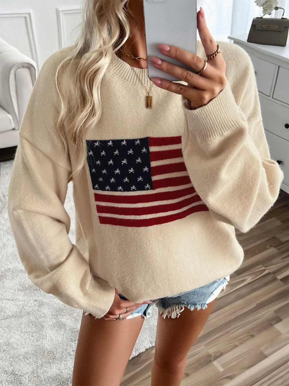 Long sleeve knit top with US flag design and round neck in acrylic blend fabric