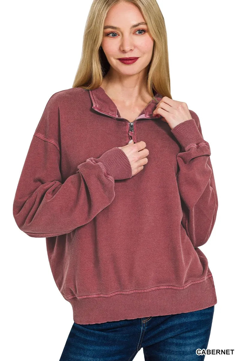 Dusty rose quarter-zip cotton fleece pullover with relaxed oversized fit.
