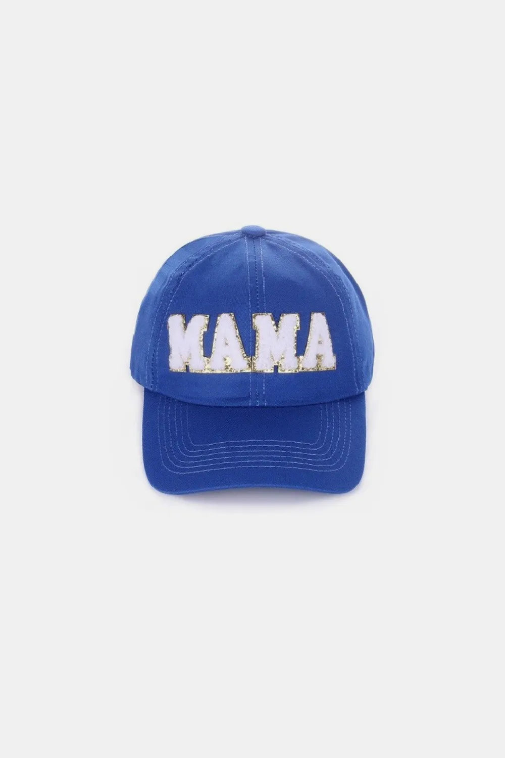 Blue washed cotton baseball cap with white chenille "KAMA" patch.