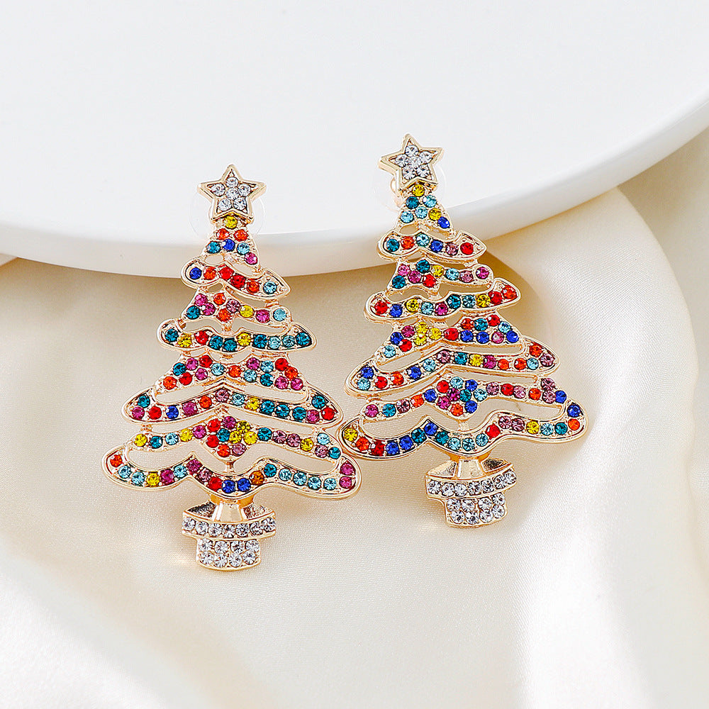 Pair of gold alloy Christmas tree stud earrings with multicolored rhinestones and bases.