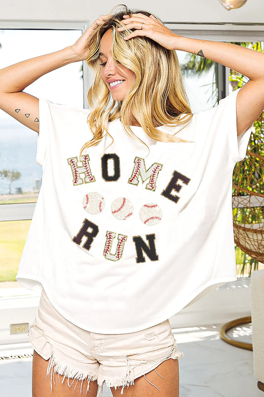 White short-sleeve cotton top with "Home Run" text and baseball graphic.