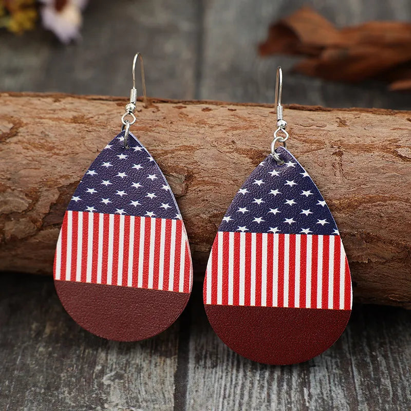 Trendsi PU leather teardrop earrings with stars and stripes design in alloy material
