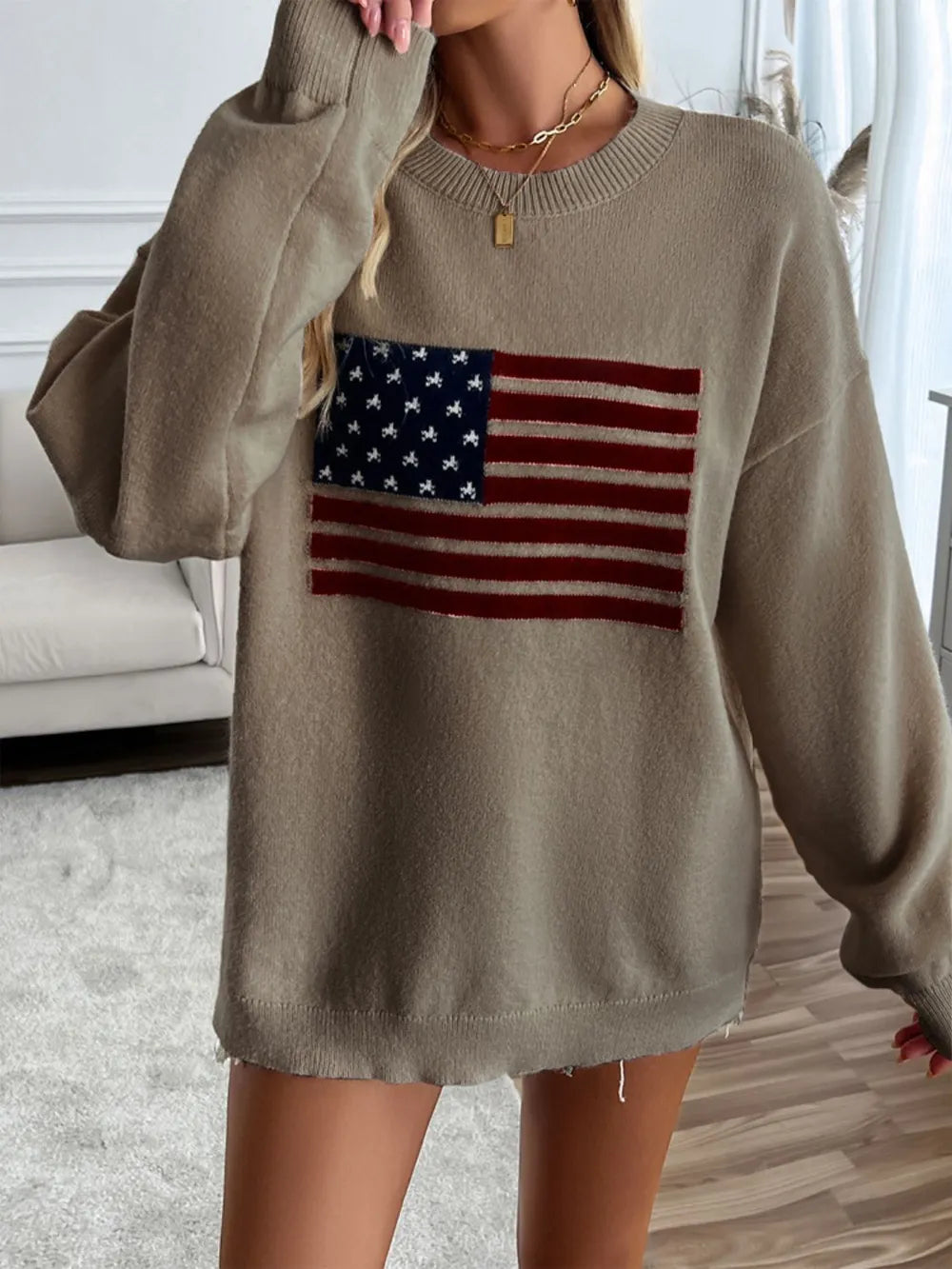 Long sleeve round neck knit top with US flag pattern in acrylic blend fabric