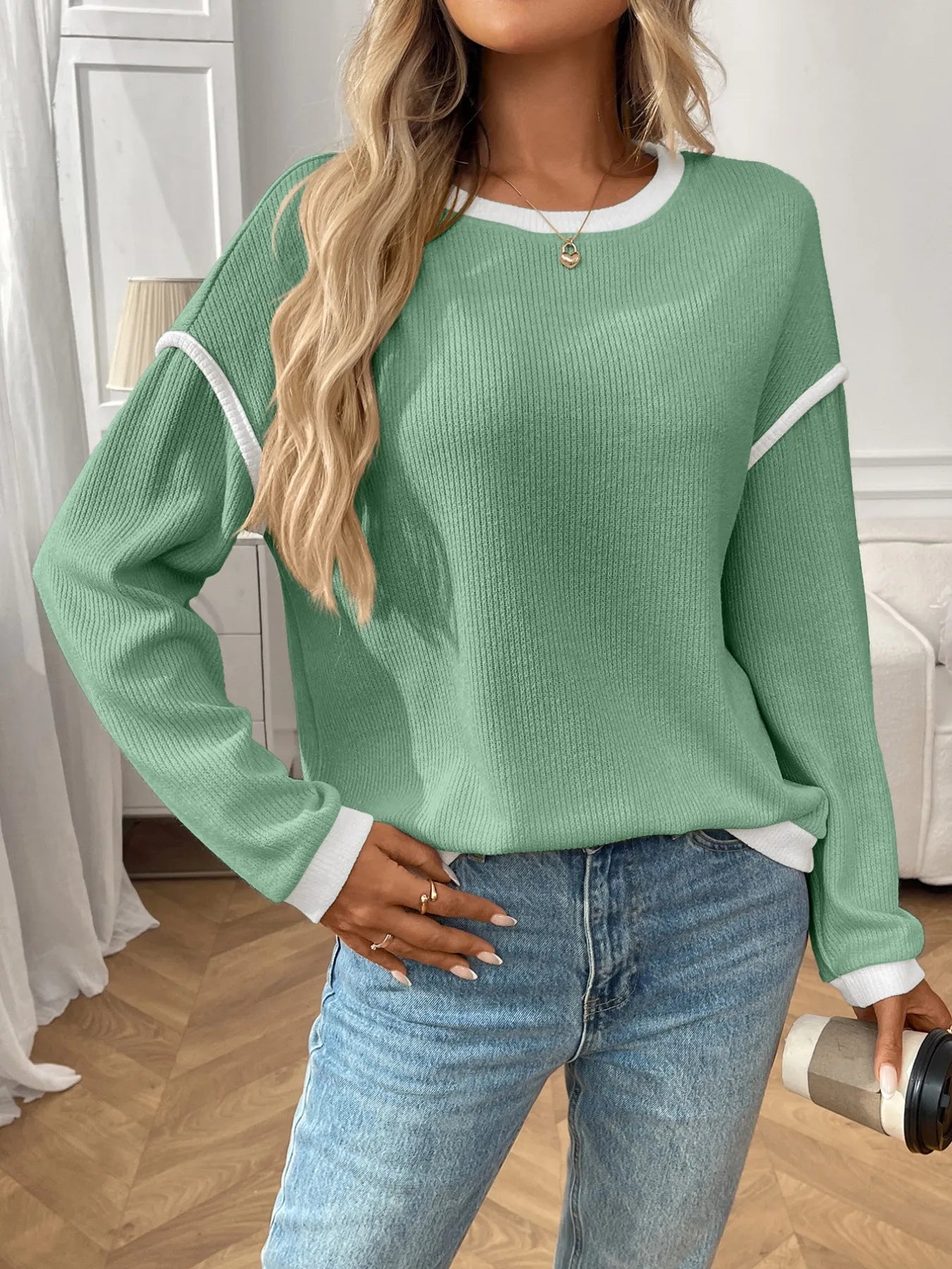 Trendsi ribbed long sleeve top with contrast trim and stretch fabric in neutral color