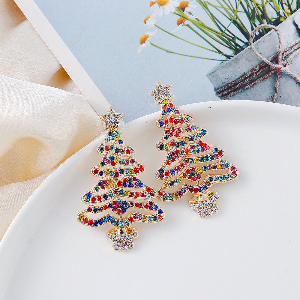 Pair of festive Christmas tree stud earrings made of alloy with colorful rhinestones.