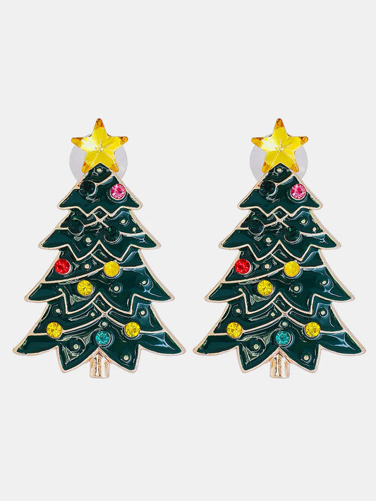 Pair of green Christmas tree earrings with yellow star tops and multicolored rhinestones.