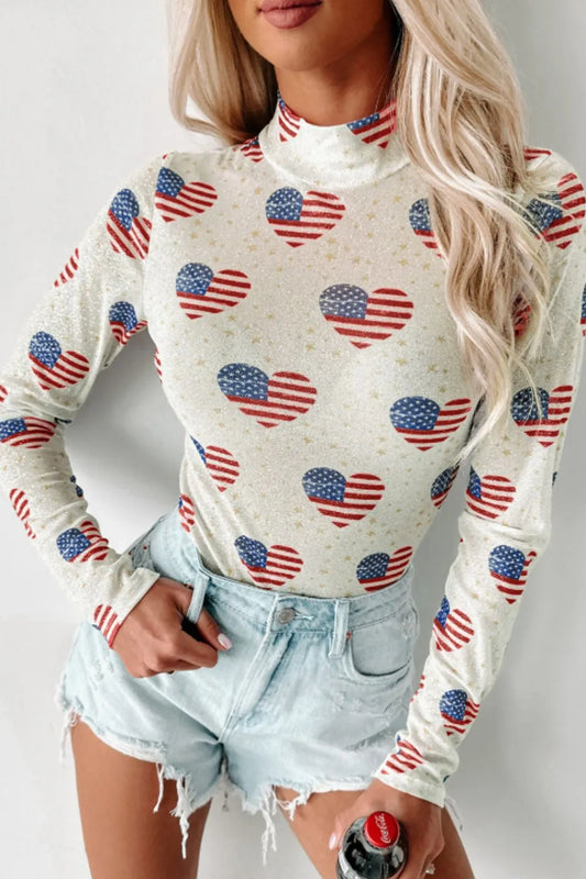 Sheer mock neck long sleeve bodysuit with US flag heart design and slight stretch fabric