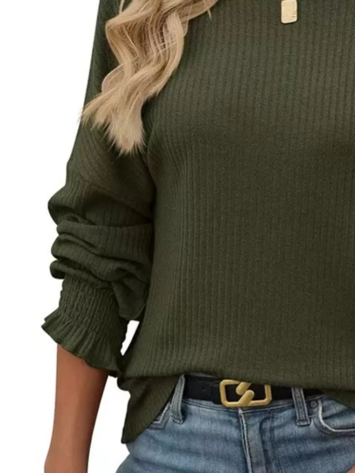Ribbed long sleeve t-shirt made of a stretchy polyester blend in various sizes.