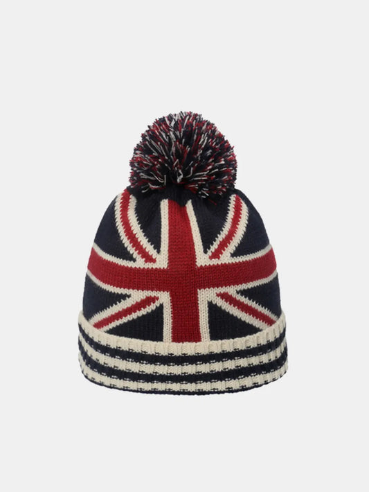 Acrylic blend knit hat featuring a roll rim design with the US flag pattern.