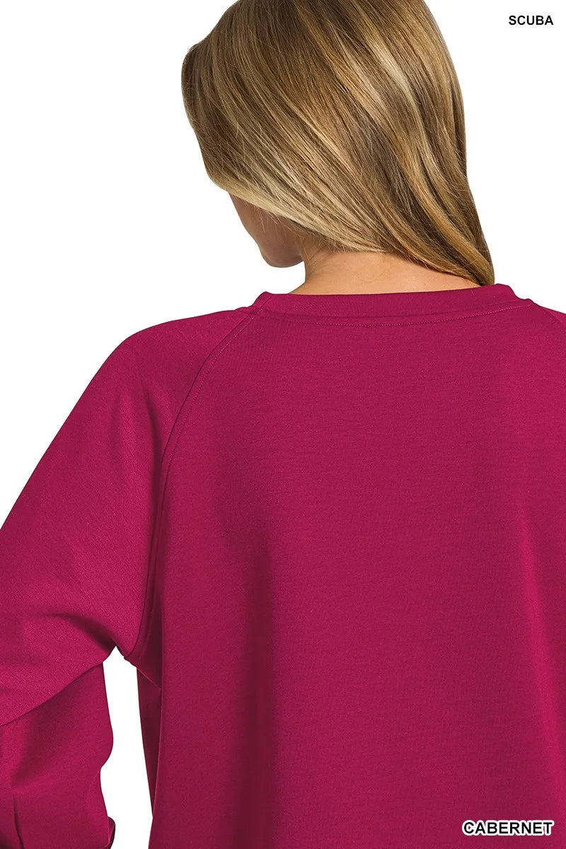 Back view of woman wearing cabernet scuba crewneck sweatshirt from Zenana set.
